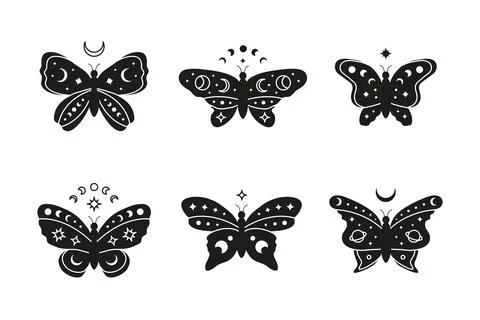 Set of hand drawn celestial butterfly with stars, crescent and moon phases. Stock-Illustration