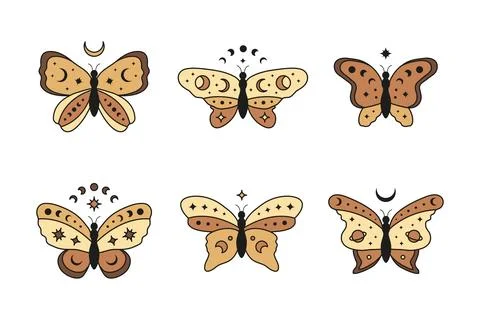Set of hand drawn celestial butterfly with stars, crescent and moon phases. Illustrazione stock