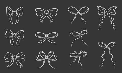 Set of hand-drawn chalk style ribbon bows and decorative elements Ilustração Stock