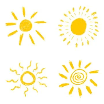 Set of hand drawn chalk sun icons. Vector illustration isolated on white back イラスト素材