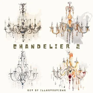 Set of hand drawn chandeliers. Vector illustration in watercolor style. Stock Illustration