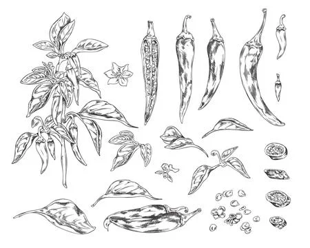 Set of hand drawn chili pepper vegetables, seeds, flowers and leaves sketch Stock Illustration