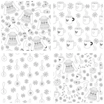 A set of hand drawn Christmas seamless patterns in a black and white color, o Stock Illustration
