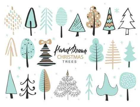 Set of hand drawn christmas tree. Holiday decoration isolated elements. Vector Illustrazione stock