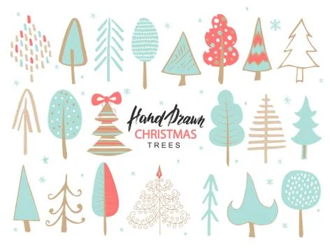 Set of hand drawn christmas tree. Holiday decoration isolated elements. Vector Stock Illustration