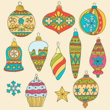 Set of hand drawn Christmas tree balls Stock Illustration