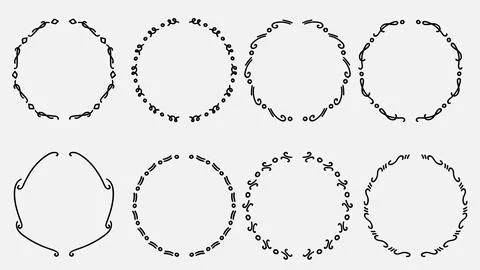 Set of Hand Drawn Circle Frames and Botanical Dotted Borders Stock Illustration