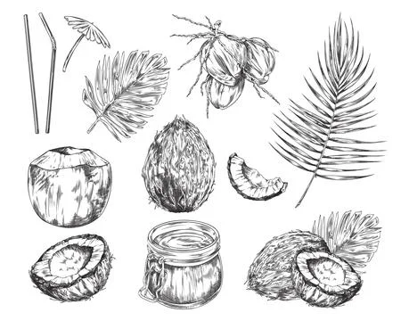 Set of hand drawn coconuts with palm leaf, Sketch vector tropical food Stock Illustration