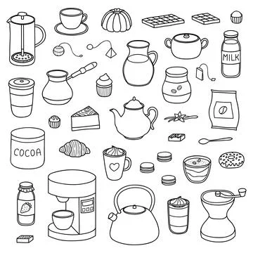 Set of hand drawn coffee, tea and cocoa items. Stock Illustration