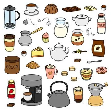 Set of hand drawn coffee, tea and cocoa items. Stock Illustration
