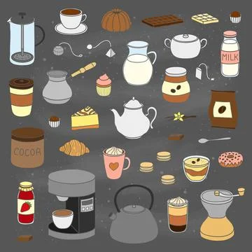 Set of hand drawn coffee, tea and cocoa items. Stock Illustration