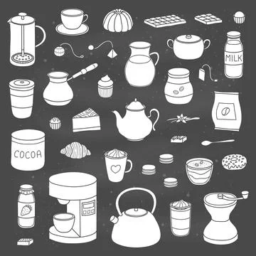 Set of hand drawn coffee, tea and cocoa items. Stock Illustration