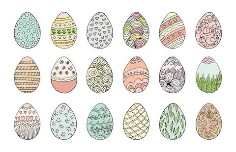 Set hand drawn color easter eggs with decoration. Doodle vector illustration Stock Illustration