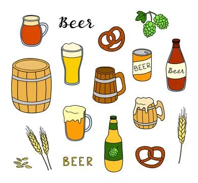 Set of hand drawn colored beer items. Stock Illustration