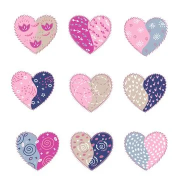 Set of hand-drawn colored hearts. Stock Illustration