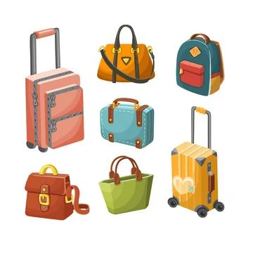 Set of hand drawn colored travel bags and backpacks in cartoon style isolat.. Stock Illustration