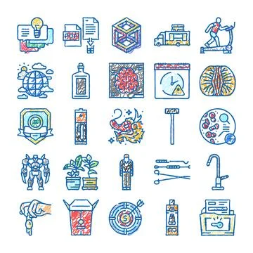 Set of hand drawn colorful doodle icons collection 스톡 일러스트