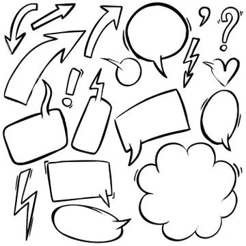 Set of hand drawn comic style speech bubbles and design elements. For poster, Stock Illustration