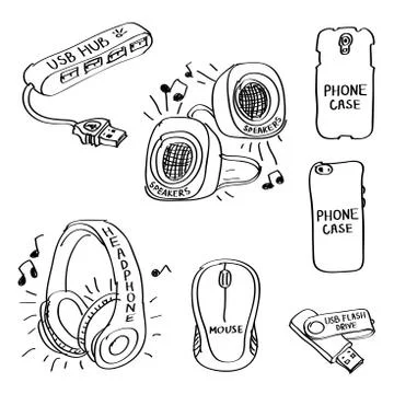 Set of hand drawn computer accessories doodles isolated on a white background. Stock Illustration