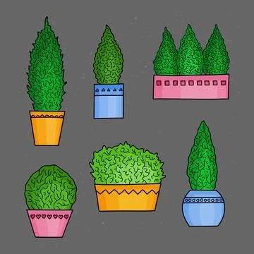 Set of hand drawn coniferous trees in pots. Stock Illustration