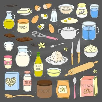 Set of hand drawn cooking, baking ingredients. Stock Illustration