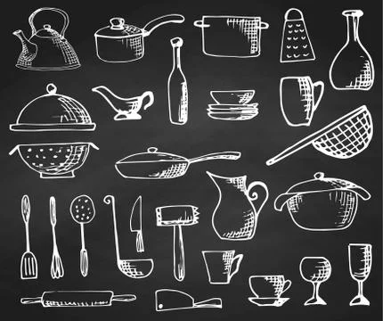 Set of hand drawn cookware on the chalkboard. Vector illustration Stock Illustration