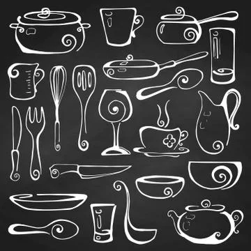 Set of hand drawn cookware on the chalkboard. Vector illustration. Stock Illustration