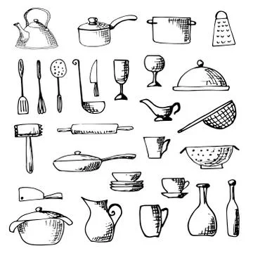 Set of hand drawn cookware. Vector illustration. Stock Illustration