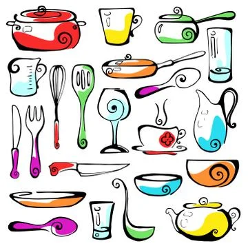 Set of hand drawn cookware. Vector illustration Stock Illustration