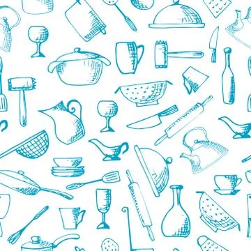 Set of hand drawn cookware. Vector illustration. Seamless pattern. Stock Illustration
