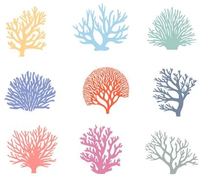 Set of hand drawn corals of different shapes and colors. Stock Illustration