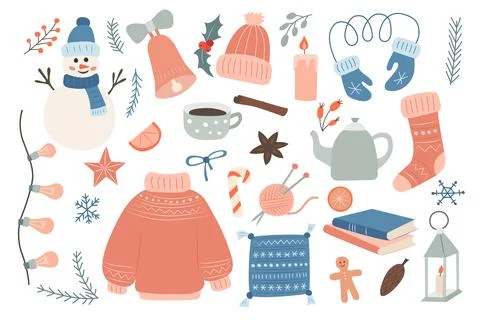 Set of hand drawn cozy winter elements with sweaters, mittens, hot drinks, a  Illustrazione stock