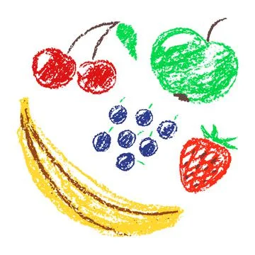 Set of hand drawn crayon juicy fruits. Hand drawn strawberry, banana, apple Stock Illustration
