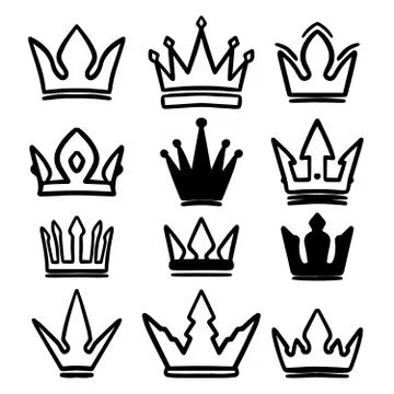 Set of hand drawn crowns isolated on white background. Design element for pos Stock Illustration