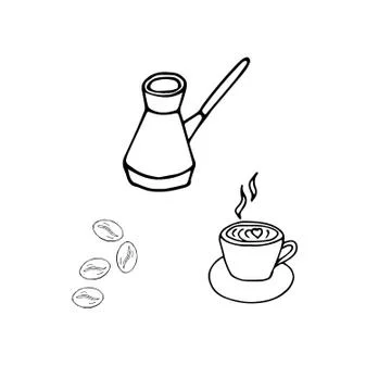 Set of hand drawn cup of coffee and turkish coffee pot. Doodle illustration. Stockillustratie