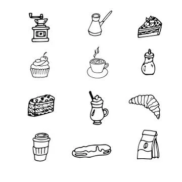 Set of hand drawn cups of coffee and cakes. Stockillustratie