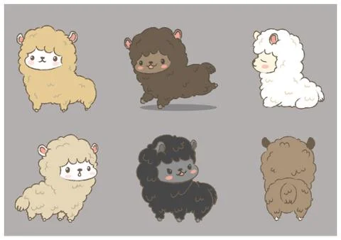 Set of Hand-drawn cute alpaca in different color and different poses on grey  Illustrazione stock