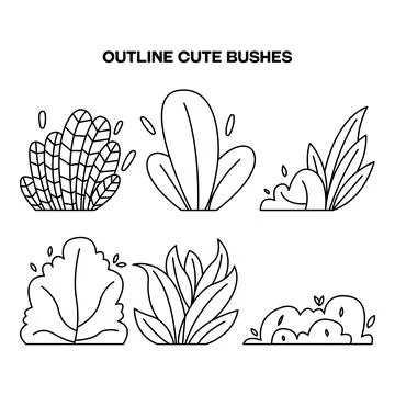 Set of hand drawn cute doodle bush, grass in outline style Stock Illustration
