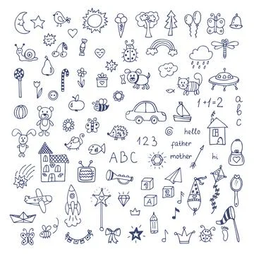 Set of hand drawn cute doodles. Doodle children drawing. Hand drawn set of .. Stock Illustration