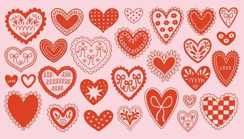 Set of hand drawn decorative hearts with bows, flowers and lace details in cute Stock Illustration