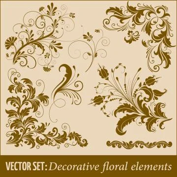 Set of hand drawn decorative vector floral elements for design. Page decorati Stock Illustration