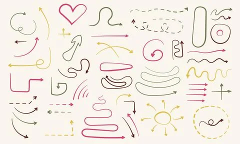 Set of hand-drawn different colorful arrows. Doodle curved, pointer collection. Illustrazione stock