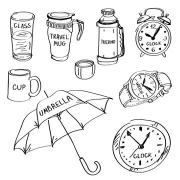 Set of hand drawn different items doodles isolated on a white background. Stock Illustration