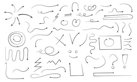 Set of hand-drawn different vector black arrows. Doodle curved and straight Stock Illustration