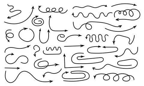 Set of hand-drawn different vector black arrows. Doodle curved and straight Stock Illustration