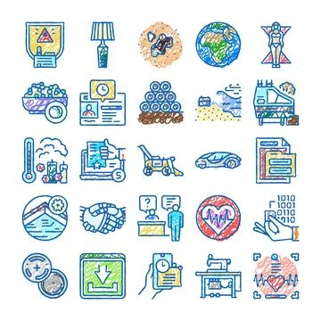 Set of hand drawn digital doodle icons Stock Illustration