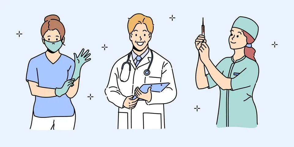 Set with hand drawn doctors and nurses in uniform. Vector illustration イラスト素材