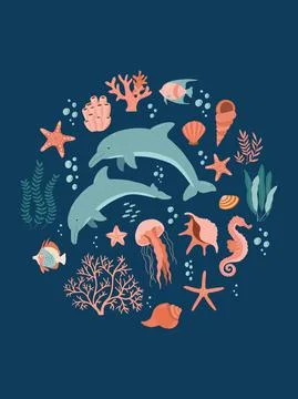 Set with hand drawn dolphins and sea life elements. Stock-Illustration
