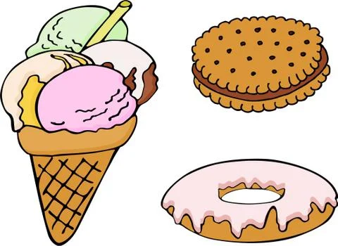 Set of hand drawn donut, ice cream, biscuit. Raster color illustration Stock Illustration