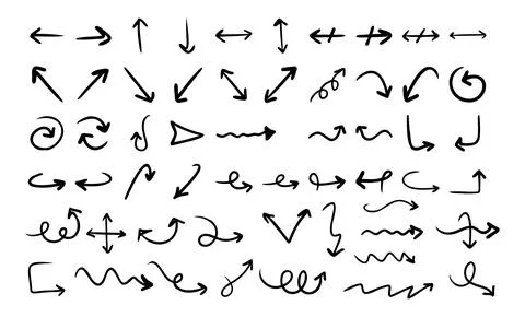 Set of Hand drawn doodle arrows vector set collection with playful curved, .. Illustrazione stock